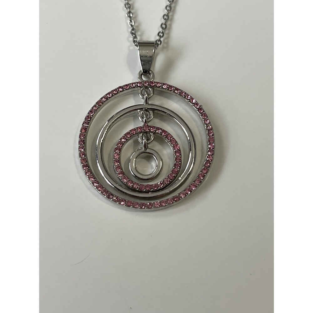 Silver Tone Pink Rhinestone Concentric Circle Pendant Necklace 18 Inch Chain